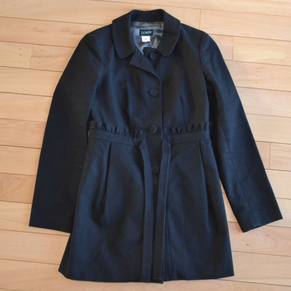 J Crew Black Ruffled Pea Coat Coat Jacket Tie Waist Size 2
